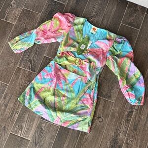 FARM Rio Tropical Palm Mini Dress in Pink, Green, Blue
